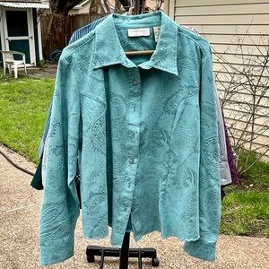 Seafoam button-down shirt, soft suede feel, paisley pattern